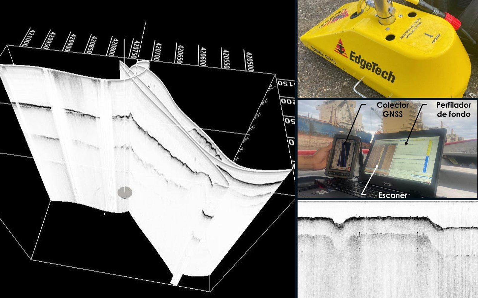 Perfilador de subfondo, adquisición con sonar y GNSS, ecograma 3D junto al rompeolas y ecograma de un puesto de atraque
