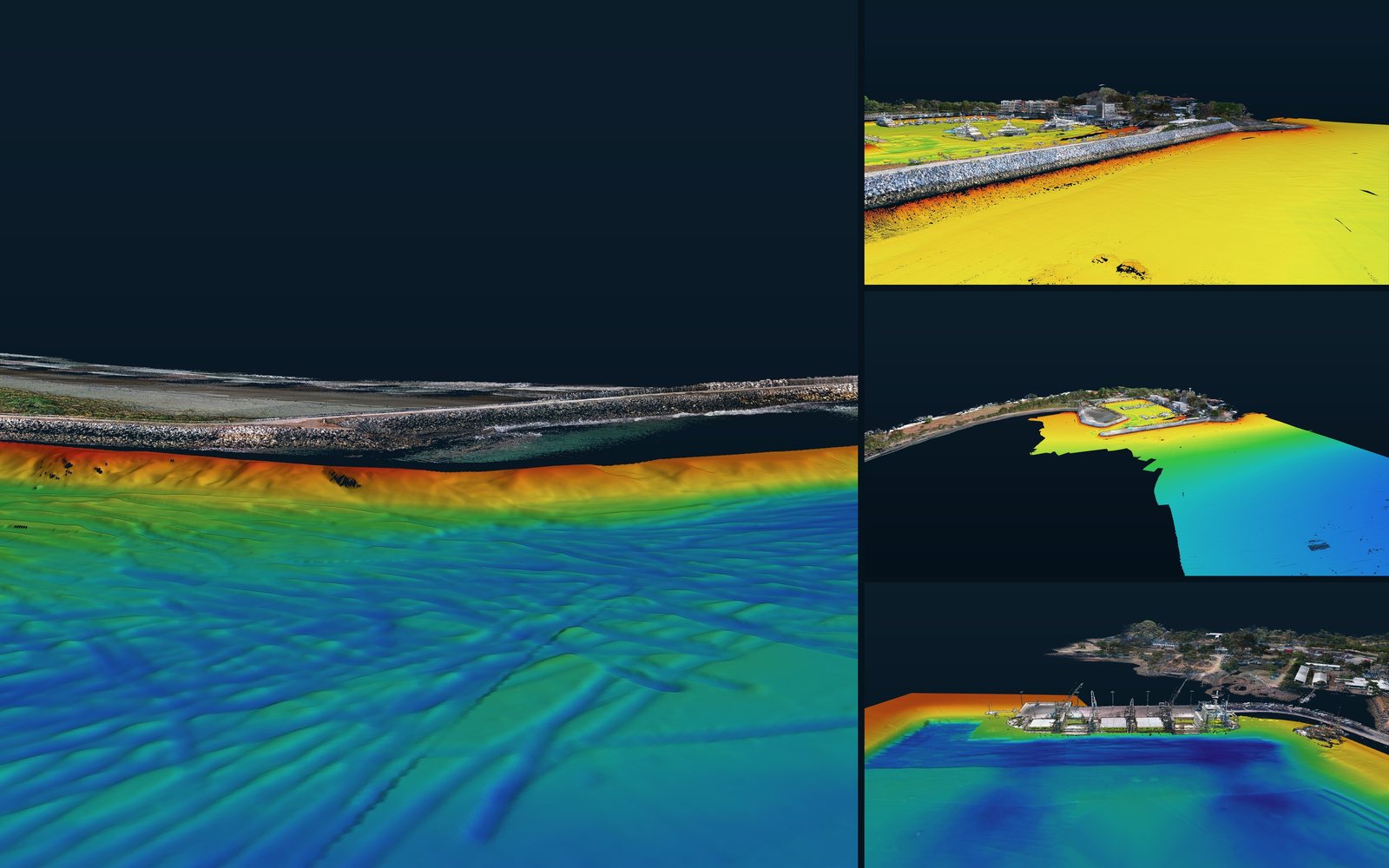 Modelos tierra–mar renderizados desde las nubes: talud del rompeolas de Caldera, rompeolas y costa de Flamingo y un buque atracado en Caldera