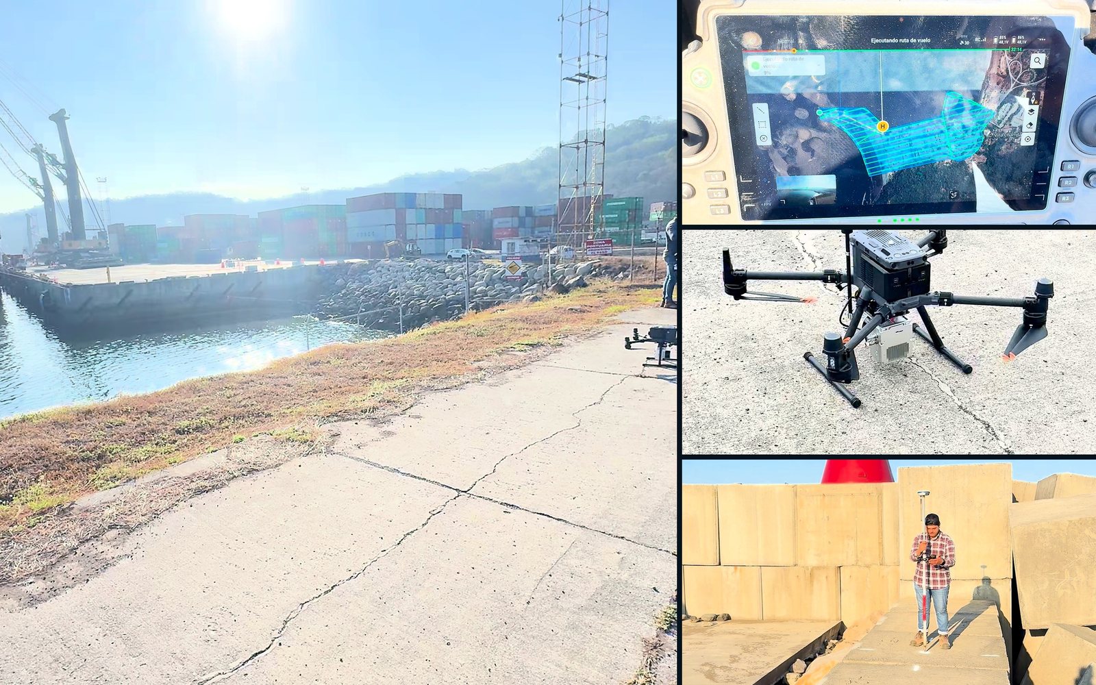 Dron LiDAR junto a un buque atracado, plan de vuelo y control en el rompeolas