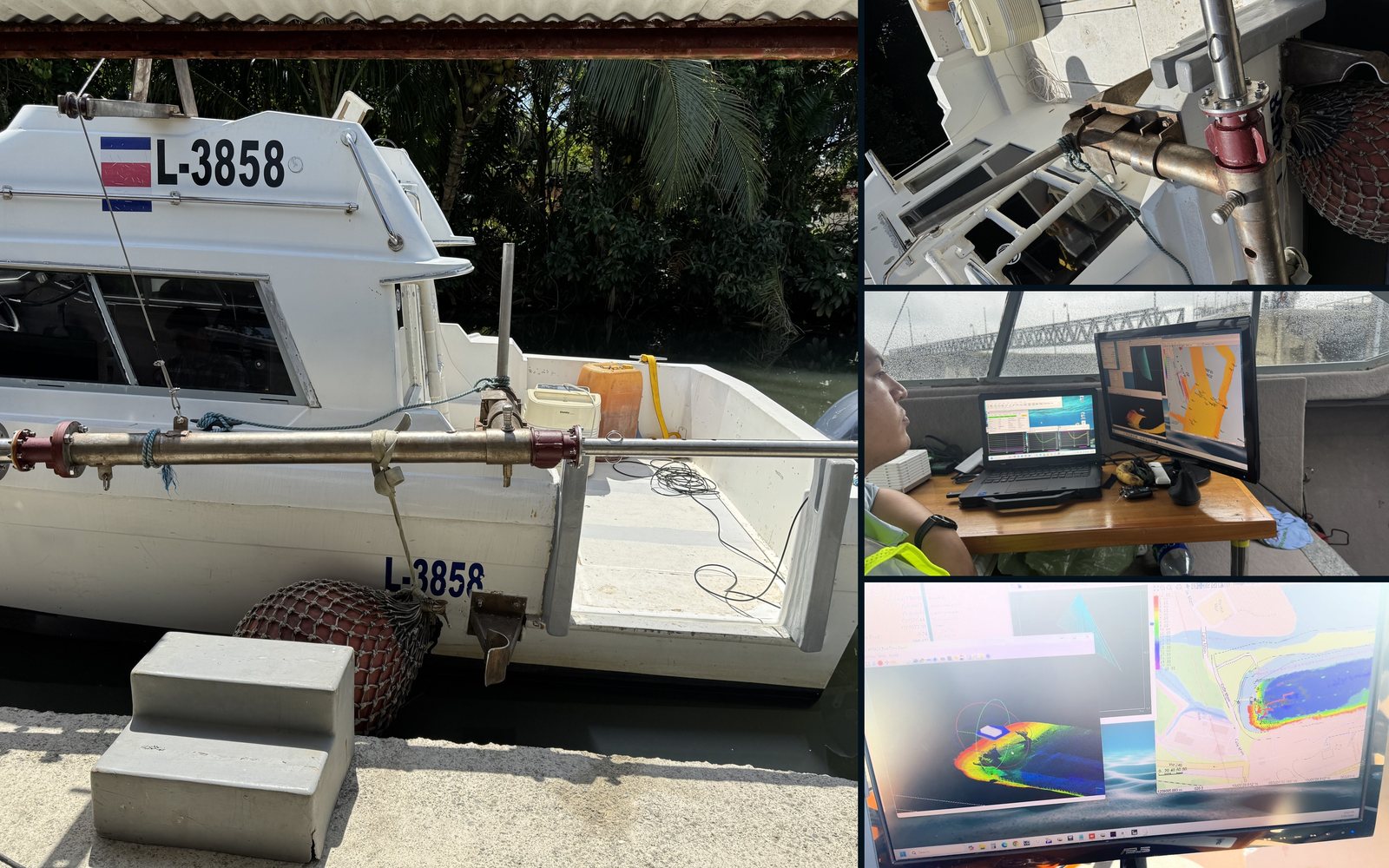 Embarcación con la pértiga multihaz, montaje del transductor y adquisición a bordo